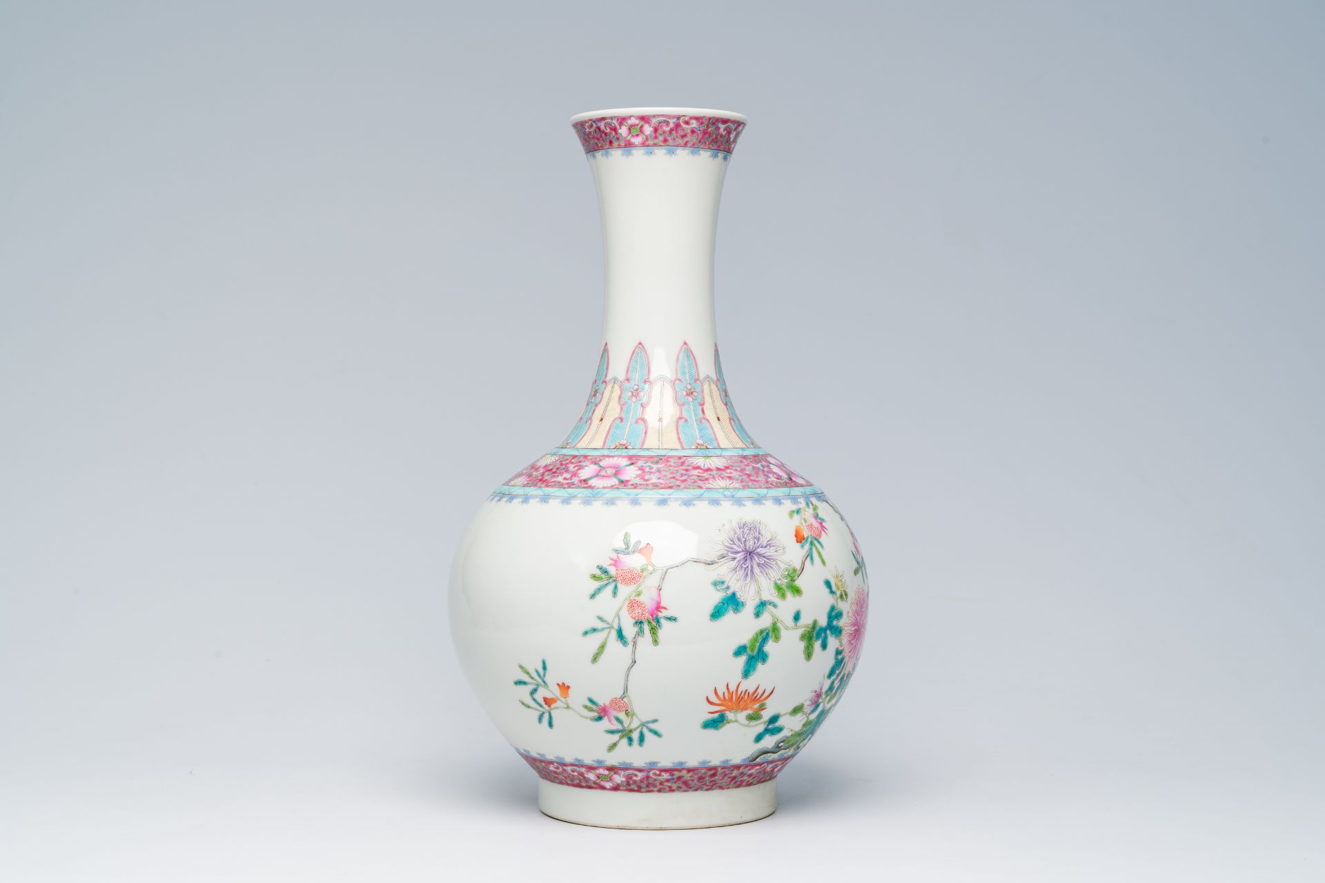 A Chinese famille rose bottle shaped vase with floral design, Hongxian mark, 20th C. - Image 4 of 6