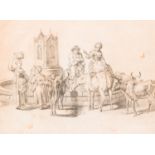 Monogrammed F.B. (?): Shepherds with their cattle at a fountain, pencil on paper, 19th C.