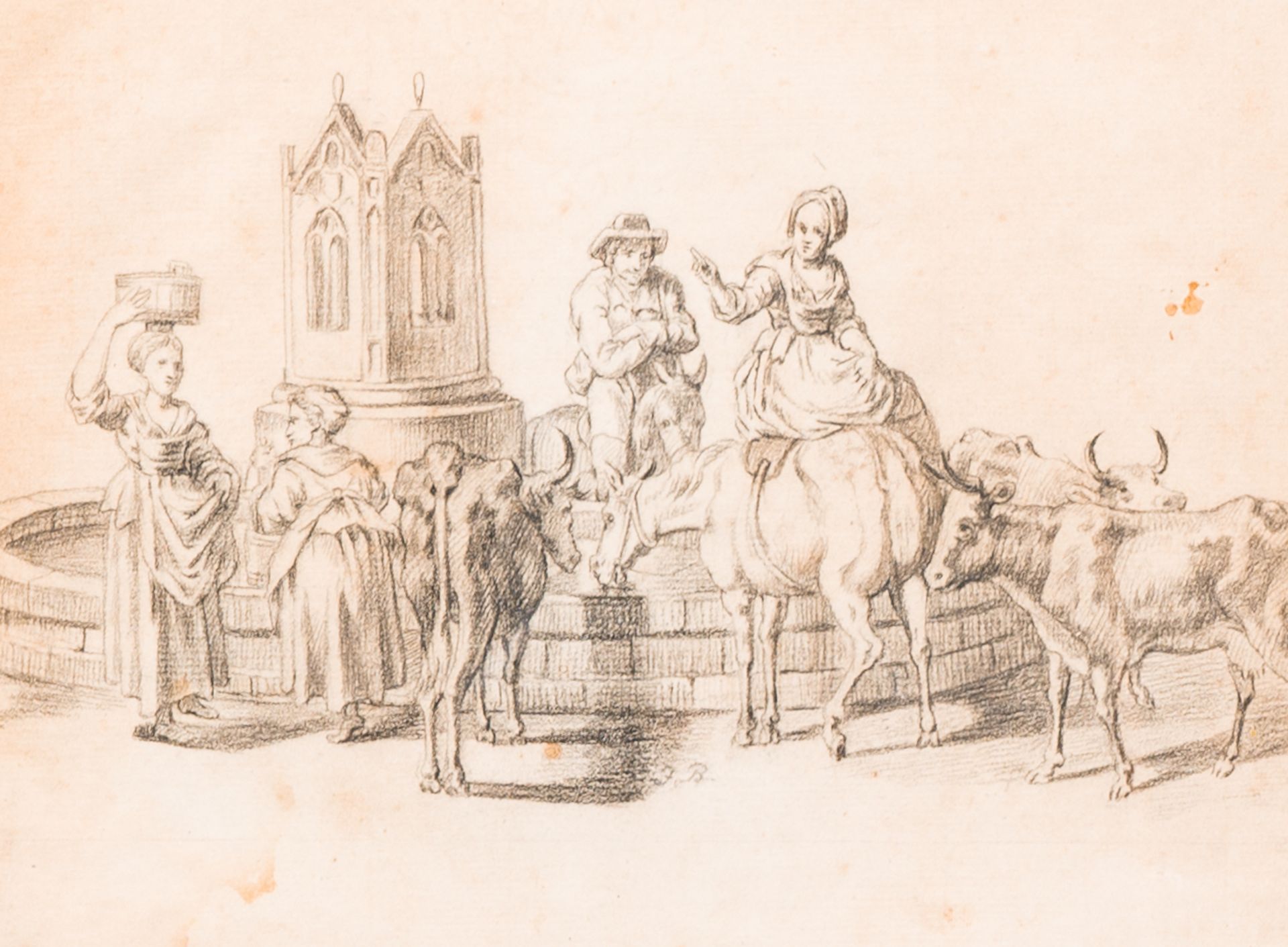 Monogrammed F.B. (?): Shepherds with their cattle at a fountain, pencil on paper, 19th C.