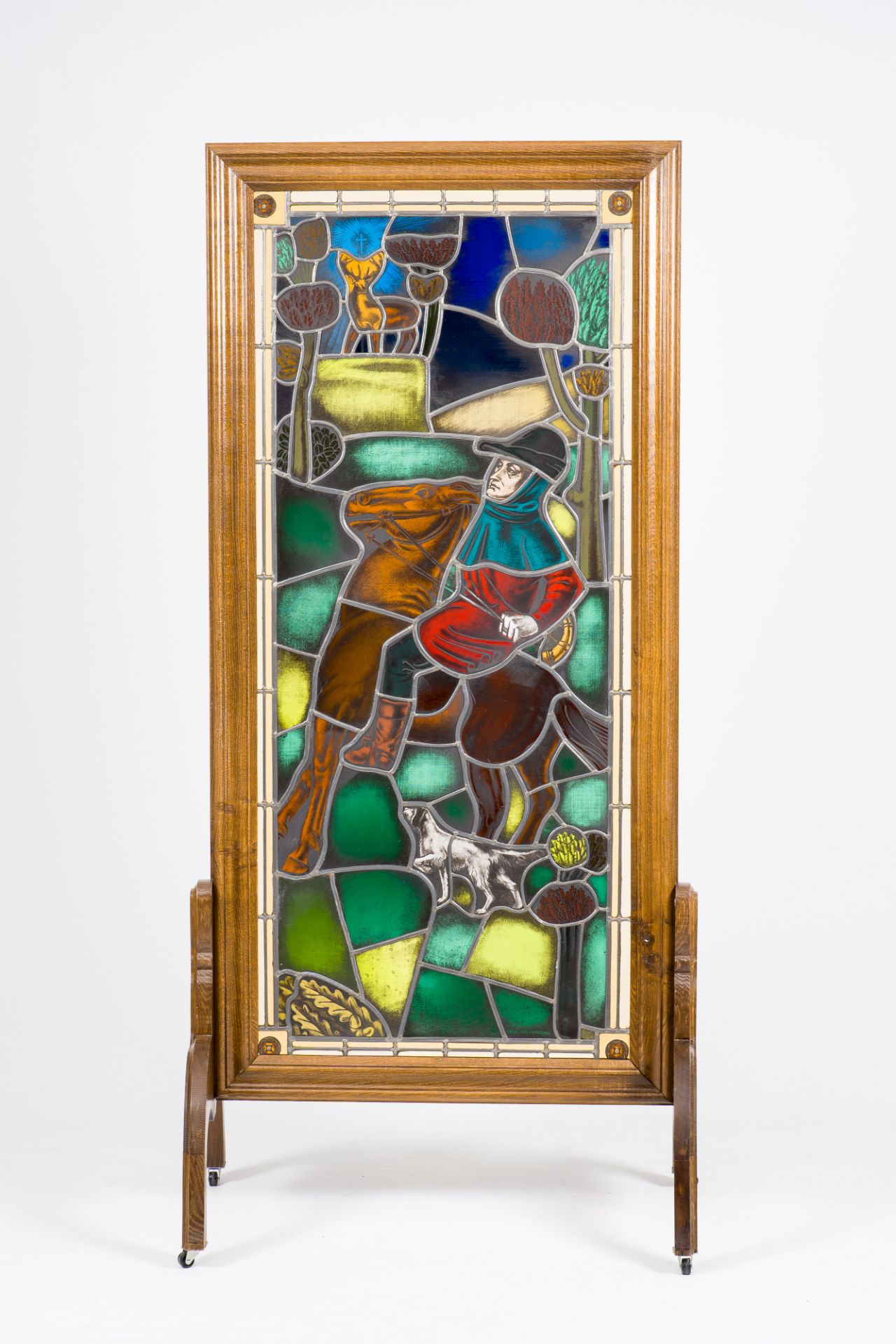 Frans Van Immerseel (1909-1978): A painted and stained glass 'Saint Hubertus' window in a wood frame - Image 8 of 11