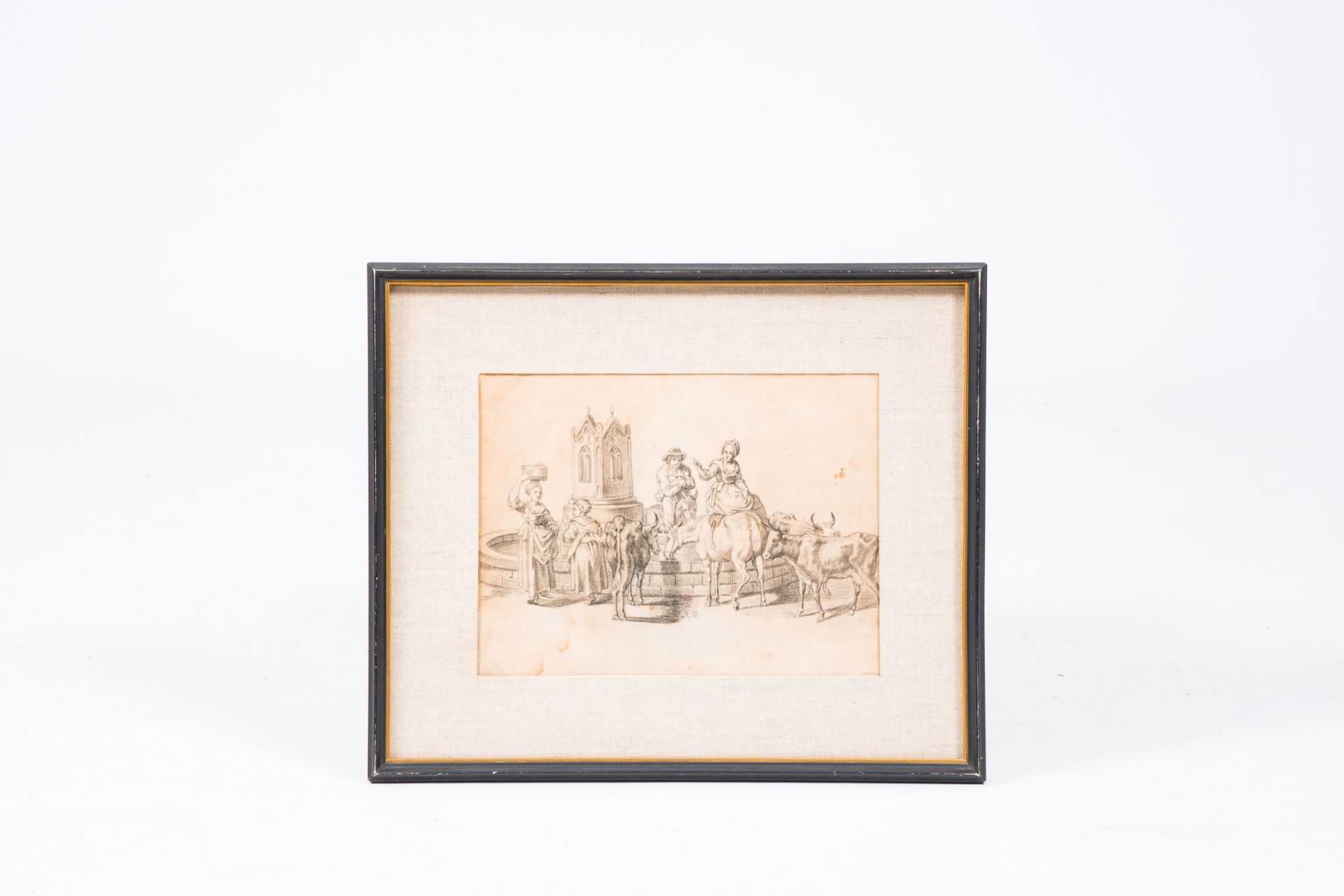 Monogrammed F.B. (?): Shepherds with their cattle at a fountain, pencil on paper, 19th C. - Image 2 of 6