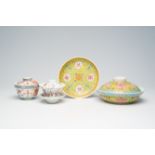 A varied collection of Chinese famille rose porcelain, a.o. a yellow ground 'birthday' plate, 19th/2