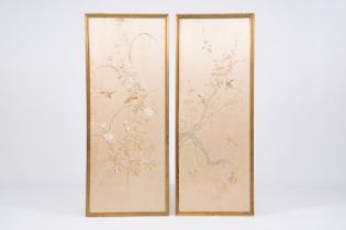 A pair of Chinese embroidered silk panels with birds among blossoming branches, ca. 1900