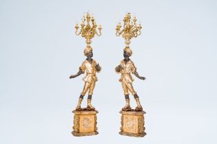 A pair of imposing Venetian carved and polychrome painted wood 'blackamoor' nine-light lanterns, Ita