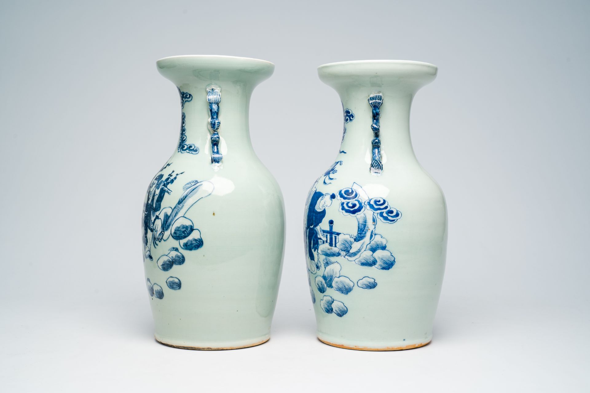 Two Chinese blue and white celadon ground vases with an Immortal and his servants in a landscape, 19 - Bild 2 aus 6