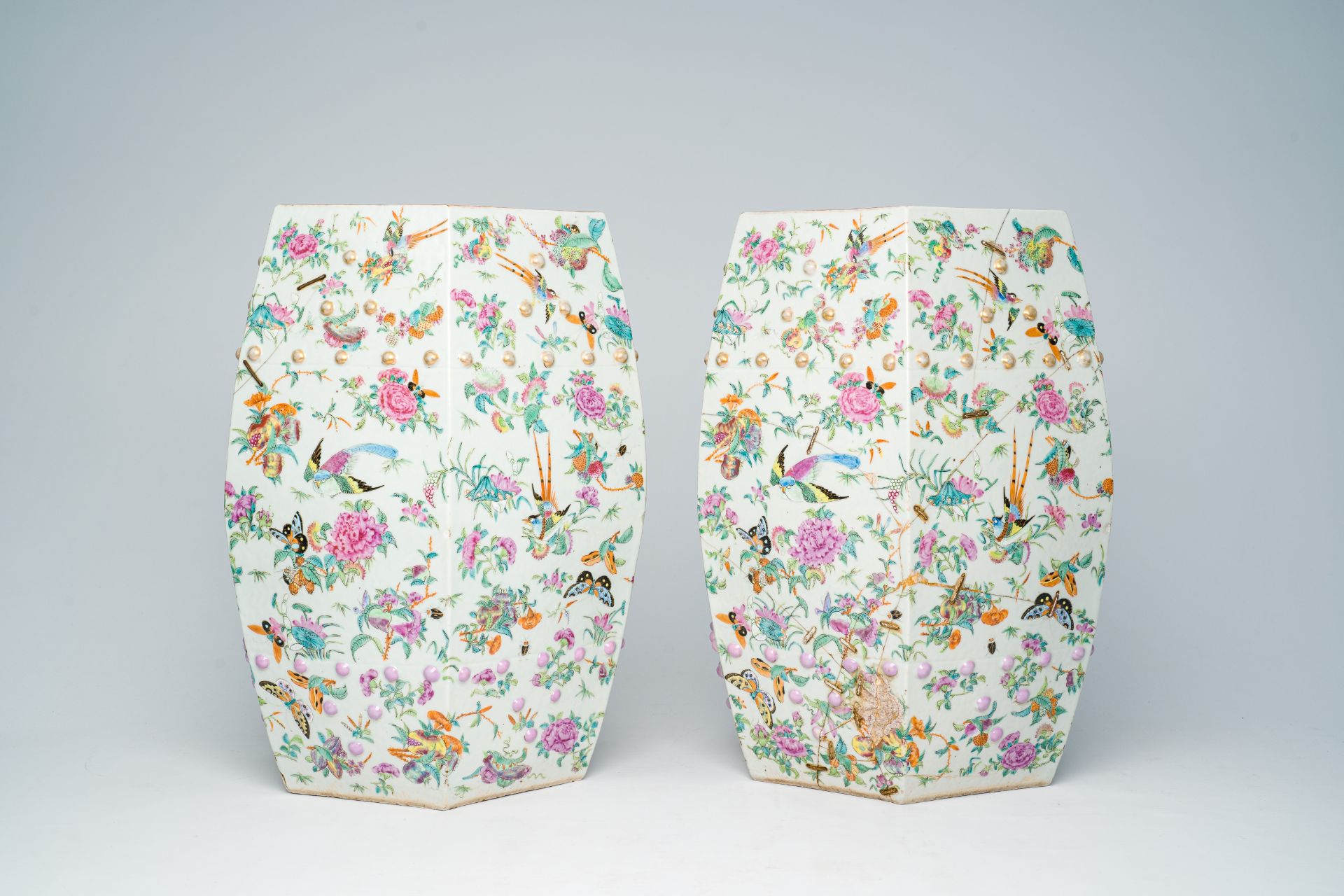 A pair of Chinese Canton famille rose hexagonal garden seats with birds, butterflies and insects amo - Image 5 of 7