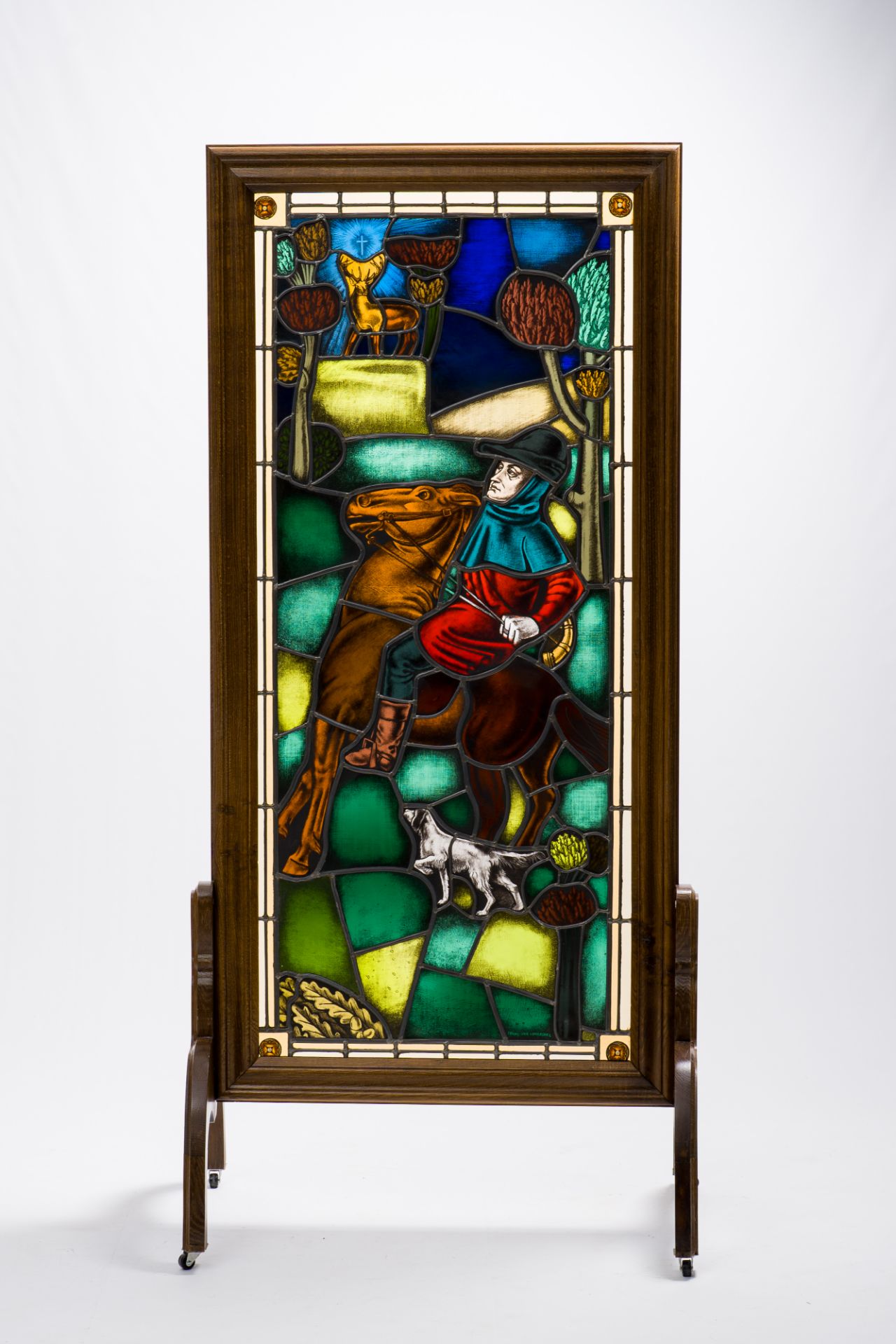 Frans Van Immerseel (1909-1978): A painted and stained glass 'Saint Hubertus' window in a wood frame - Image 10 of 11