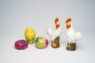 A pair of Chinese polychrome models of roosters and three pieces of fruit, 19th/20th C.