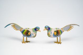 A pair of Chinese cloisonne models of pheasants, 20th C.