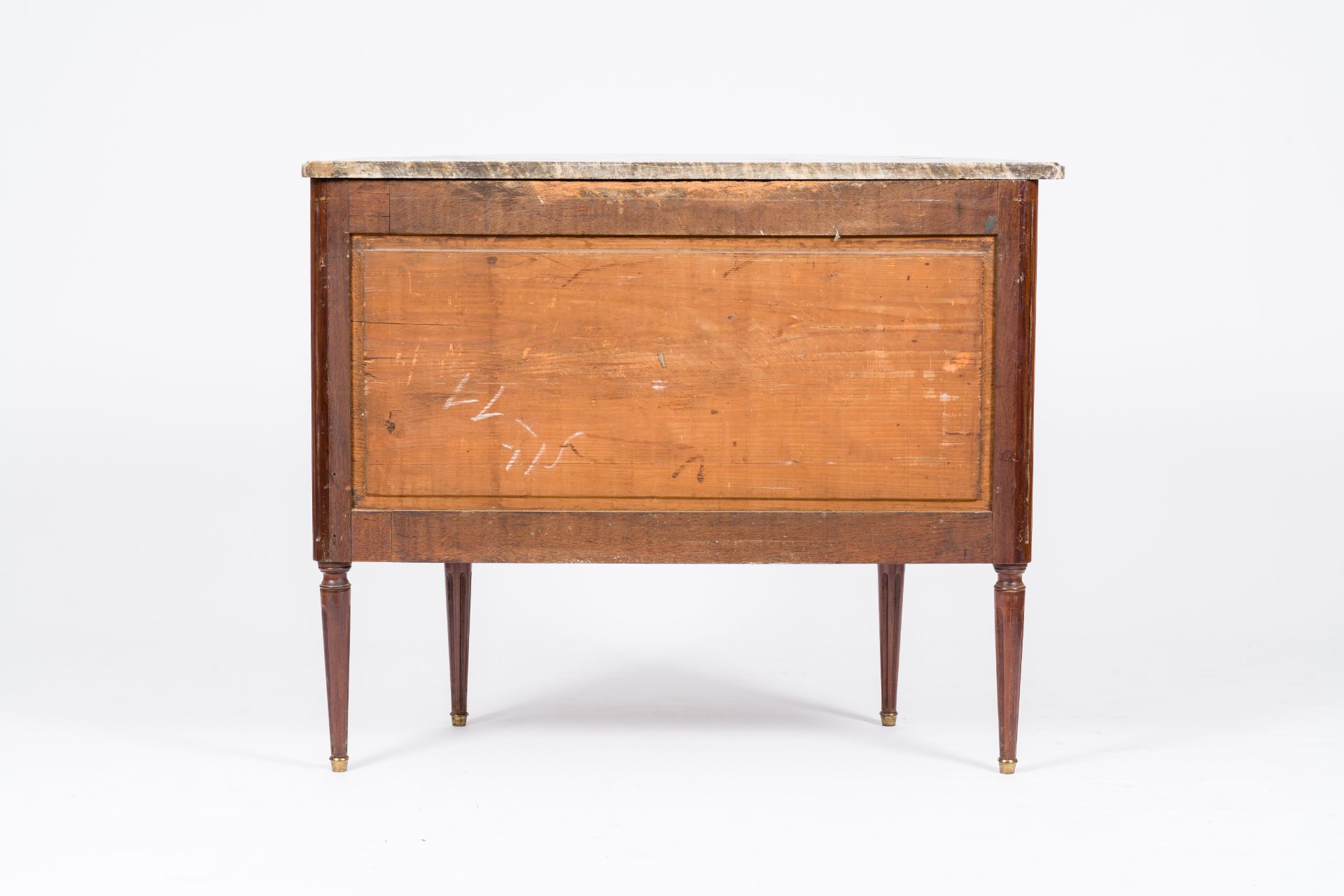 A French Neoclassical wood half circle chest with two drawers and marble top, France, first half 20t - Image 6 of 7