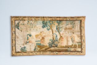 A large French Aubusson wall tapestry with dancers in a landscape, 18th C.
