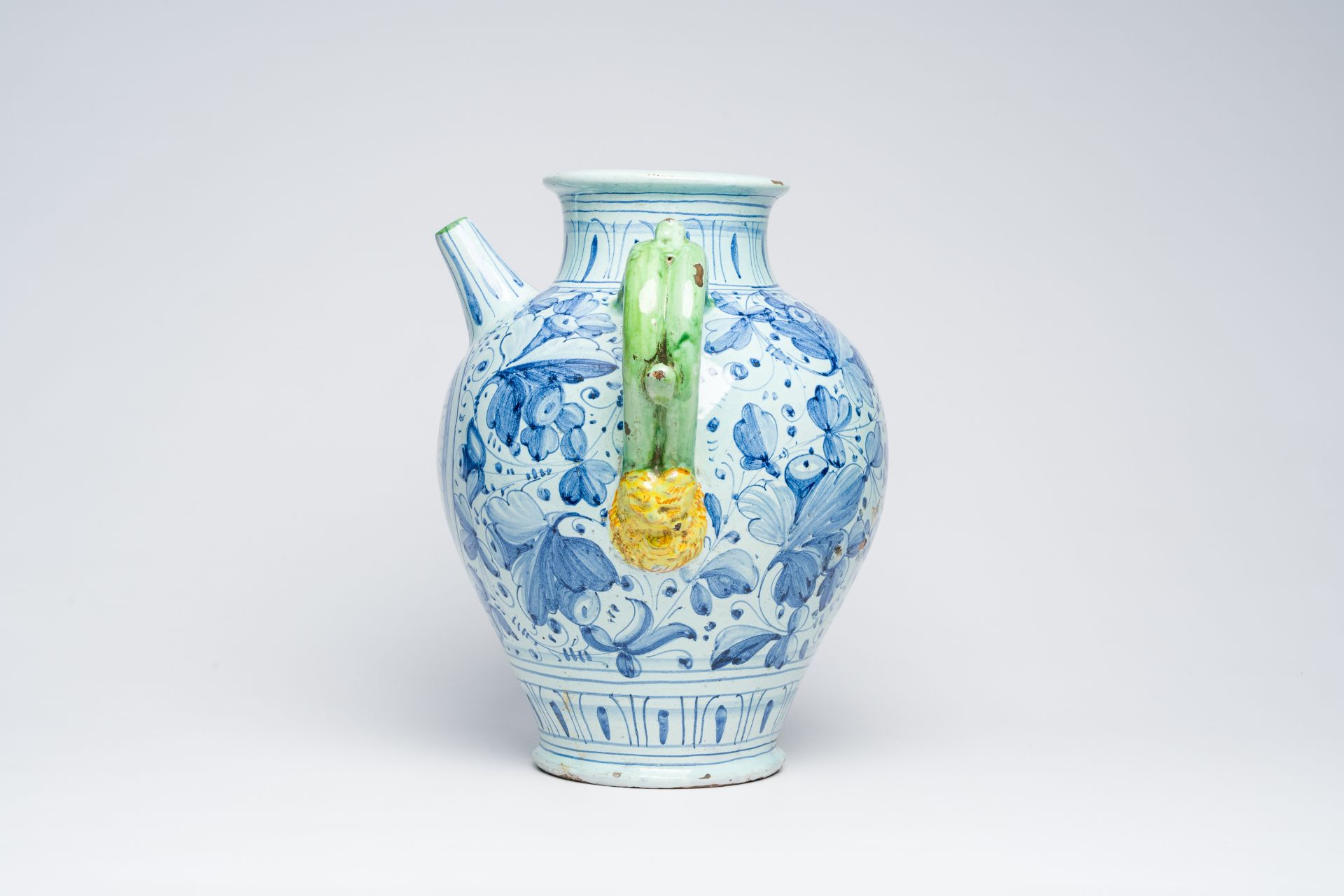 A large Italian polychrome maiolica pharmacy jar with a coat of arms and floral design, possibly 17t - Image 3 of 7