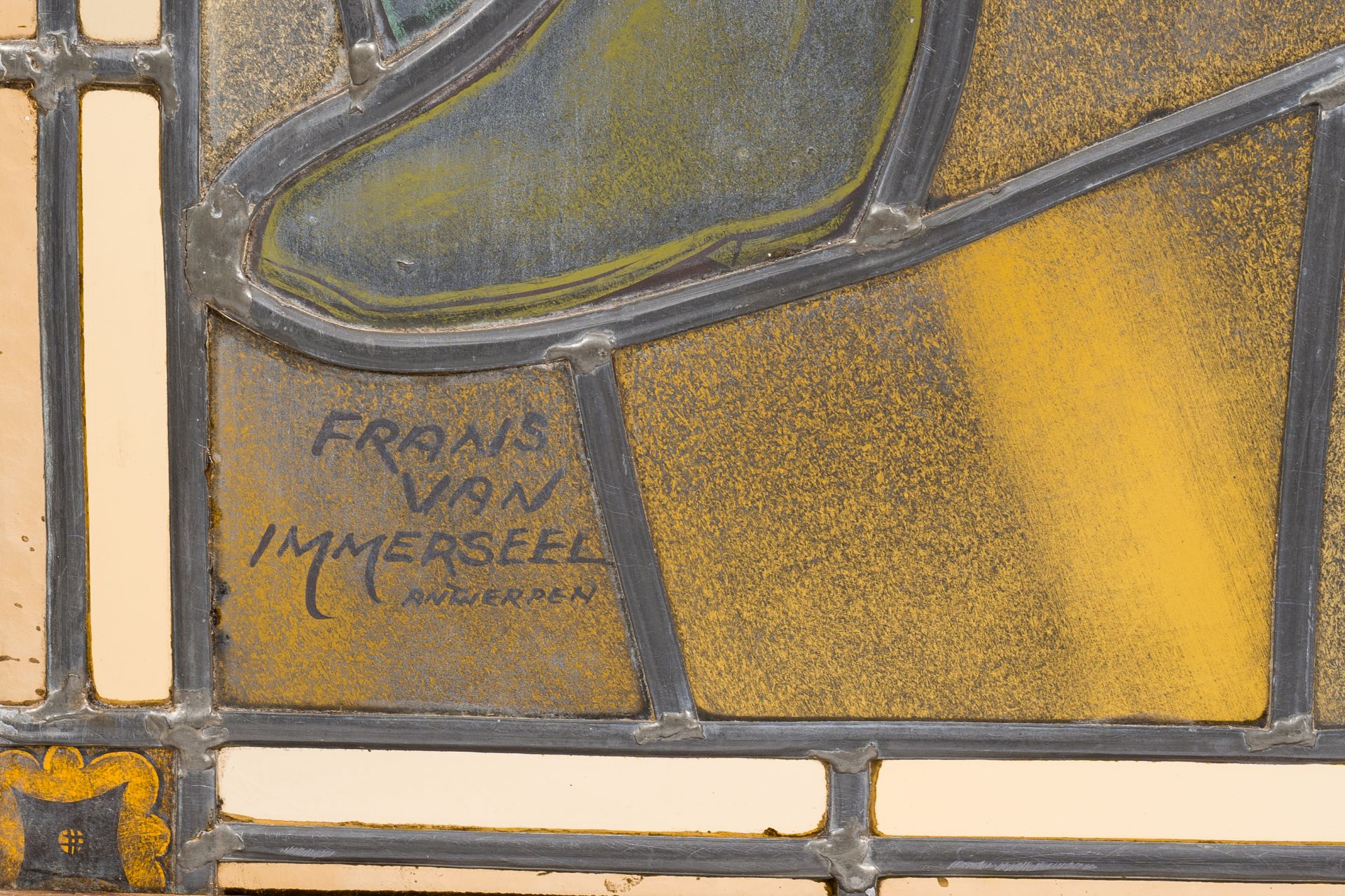 Frans Van Immerseel (1909-1978): A painted and stained glass 'Till Eulenspiegel' window in a wood fr - Image 6 of 8