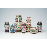 A varied collection of Chinese Nanking crackle glazed famille rose, verte, blue and white porcelain