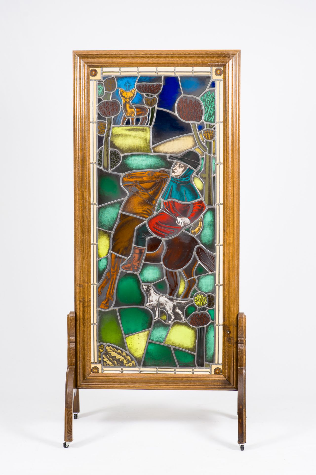 Frans Van Immerseel (1909-1978): A painted and stained glass 'Saint Hubertus' window in a wood frame - Image 9 of 11