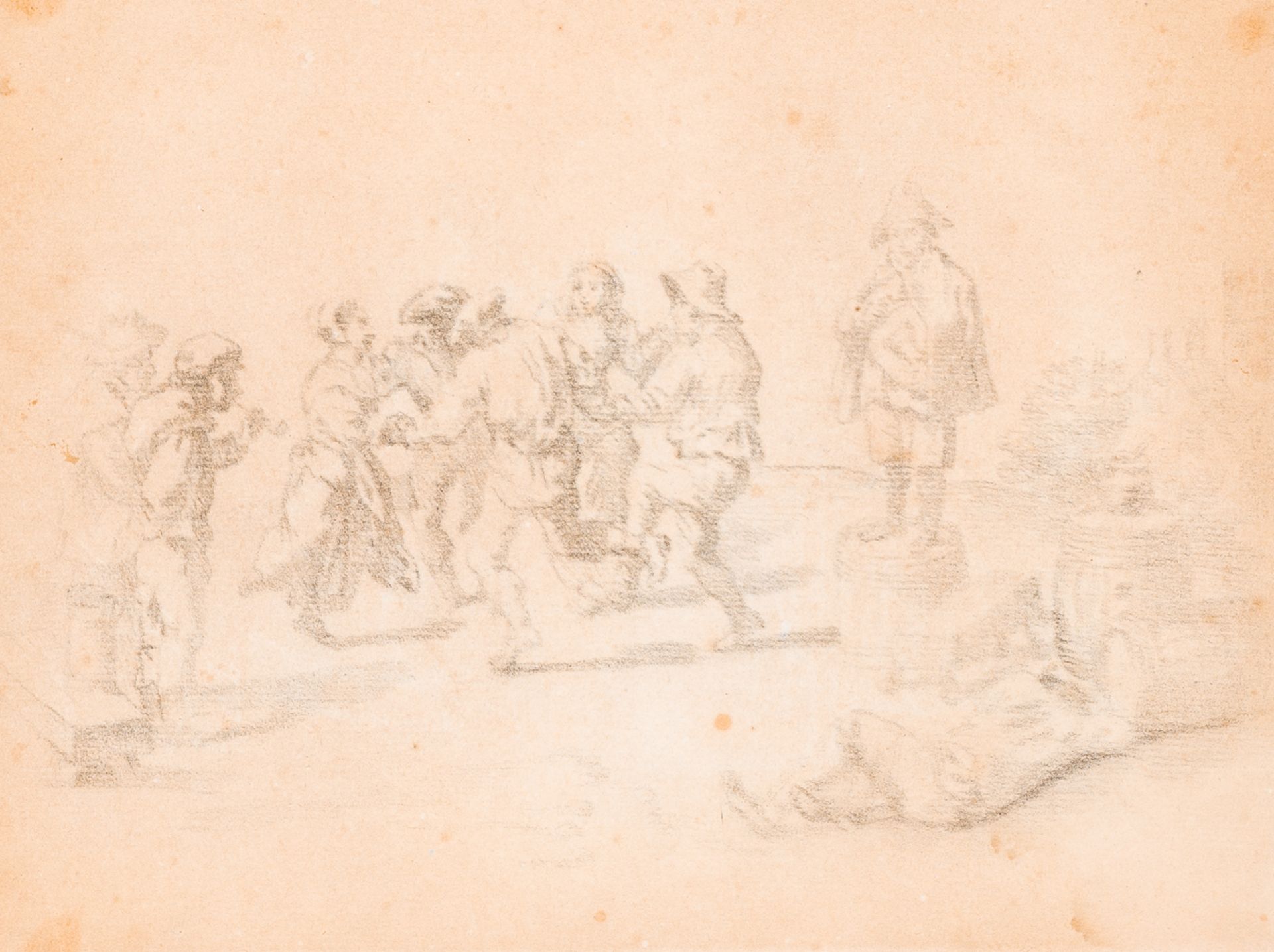 Monogrammed F.B. (?): Shepherds with their cattle at a fountain, pencil on paper, 19th C. - Image 6 of 6