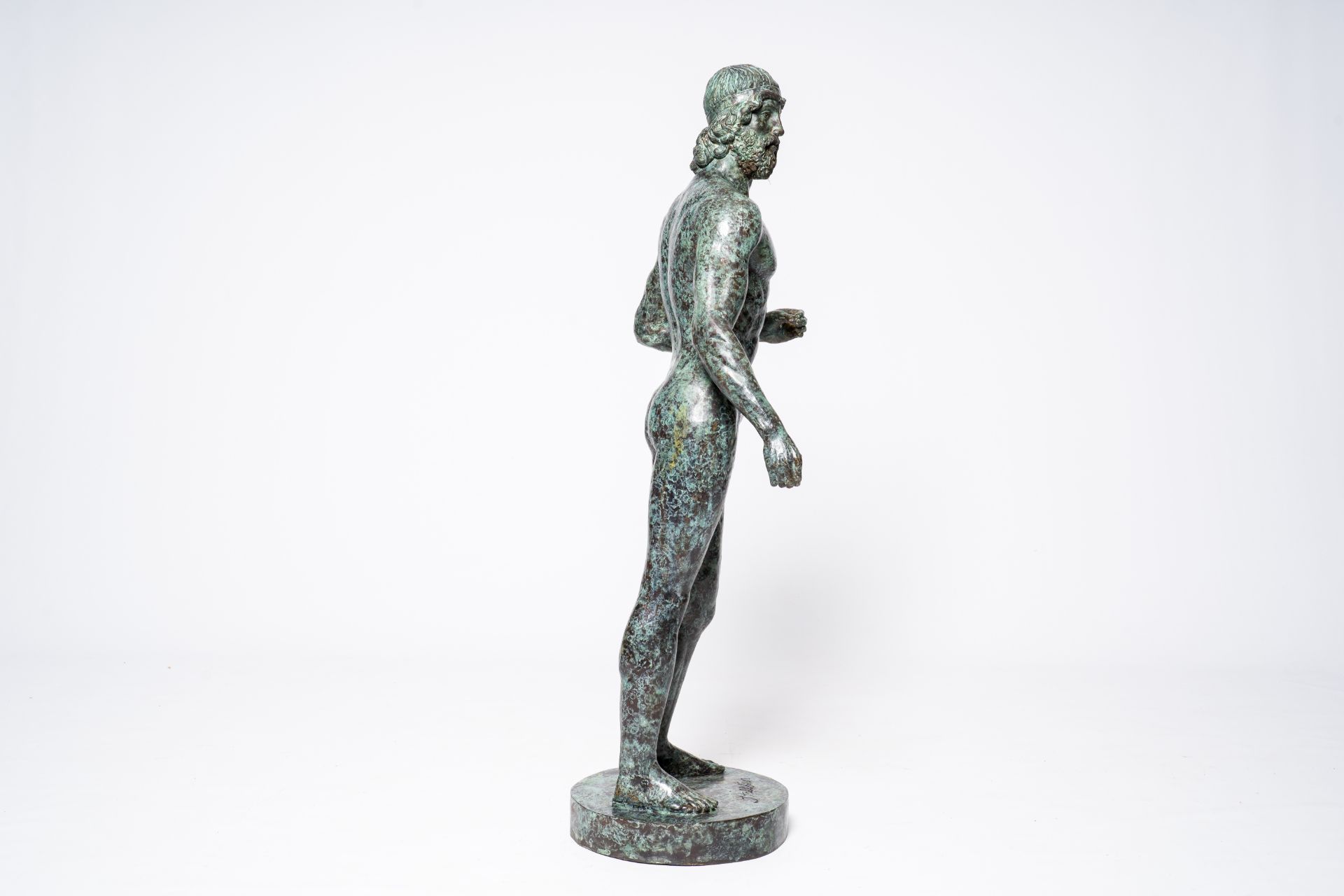 After the antique, J. Tallsten (?): A Riace bronze, bronze with green marbled patina, 20th C. - Image 4 of 7