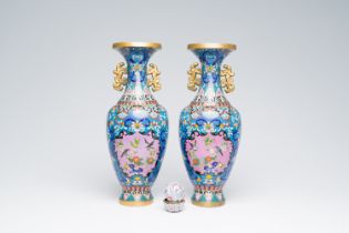 A pair of Chinese cloisonne vases with birds among blossoming branches and a Canton enamel 'lotus sc