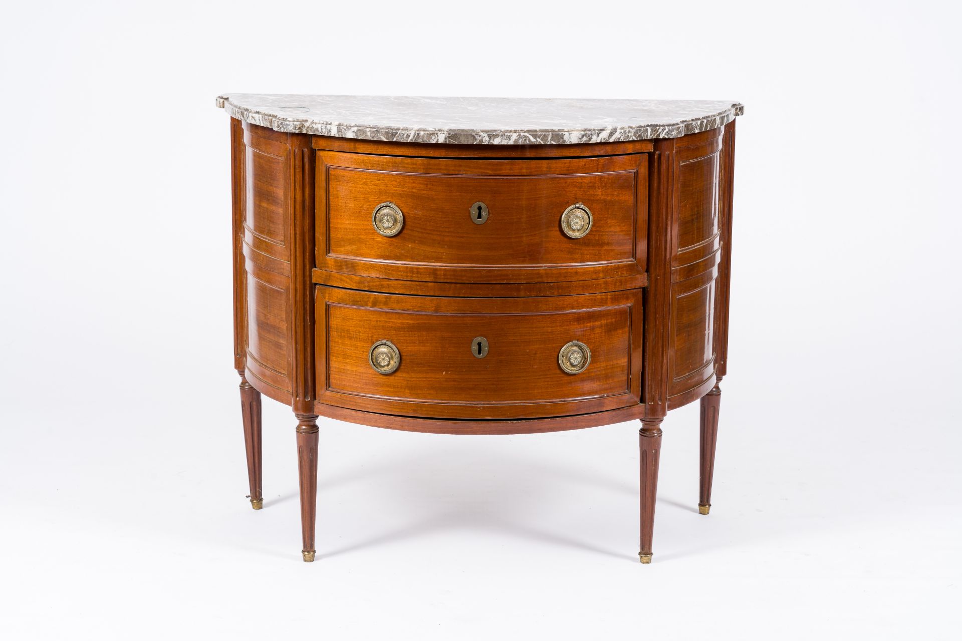 A French Neoclassical wood half circle chest with two drawers and marble top, France, first half 20t - Image 3 of 7