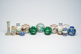 A varied collection of Chinese blue, white, famille rose and famille verte vases and jars, 19th/20th
