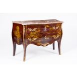 A French bronze mounted lacquered chest of drawers with gilt chinoiserie design and marble top, 19th