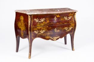 A French bronze mounted lacquered chest of drawers with gilt chinoiserie design and marble top, 19th