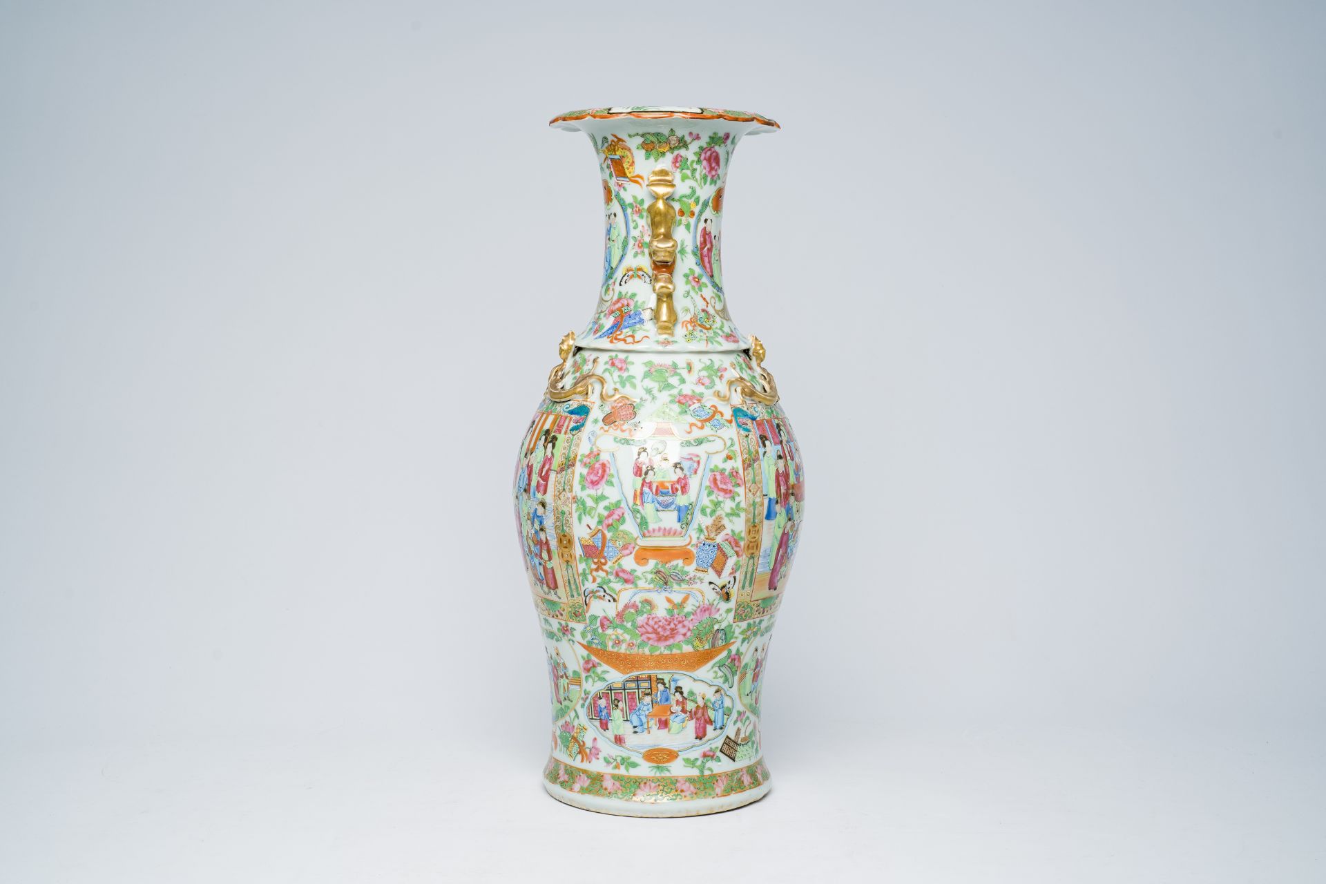 A Chinese baluster shaped Canton famille rose vase with palace scenes, 19th C. - Image 4 of 6