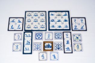 A varied collection of Dutch Delft blue and white tiles with birds, figures, sea monsters, landscape