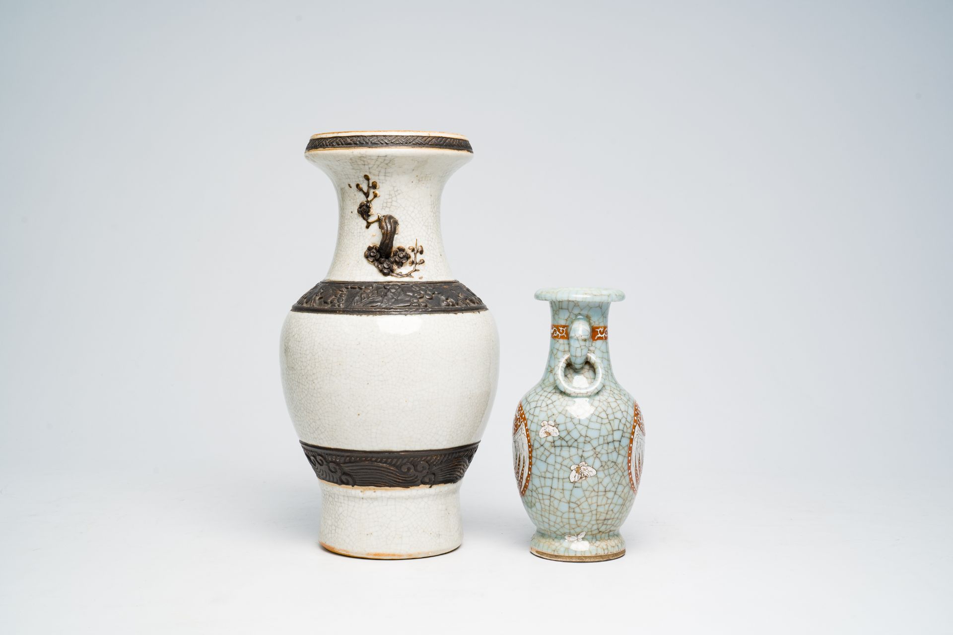 A Chinese Nanking crackle glazed vase with relief design and a polychrome celadon crackle glazed 'ph - Image 4 of 6