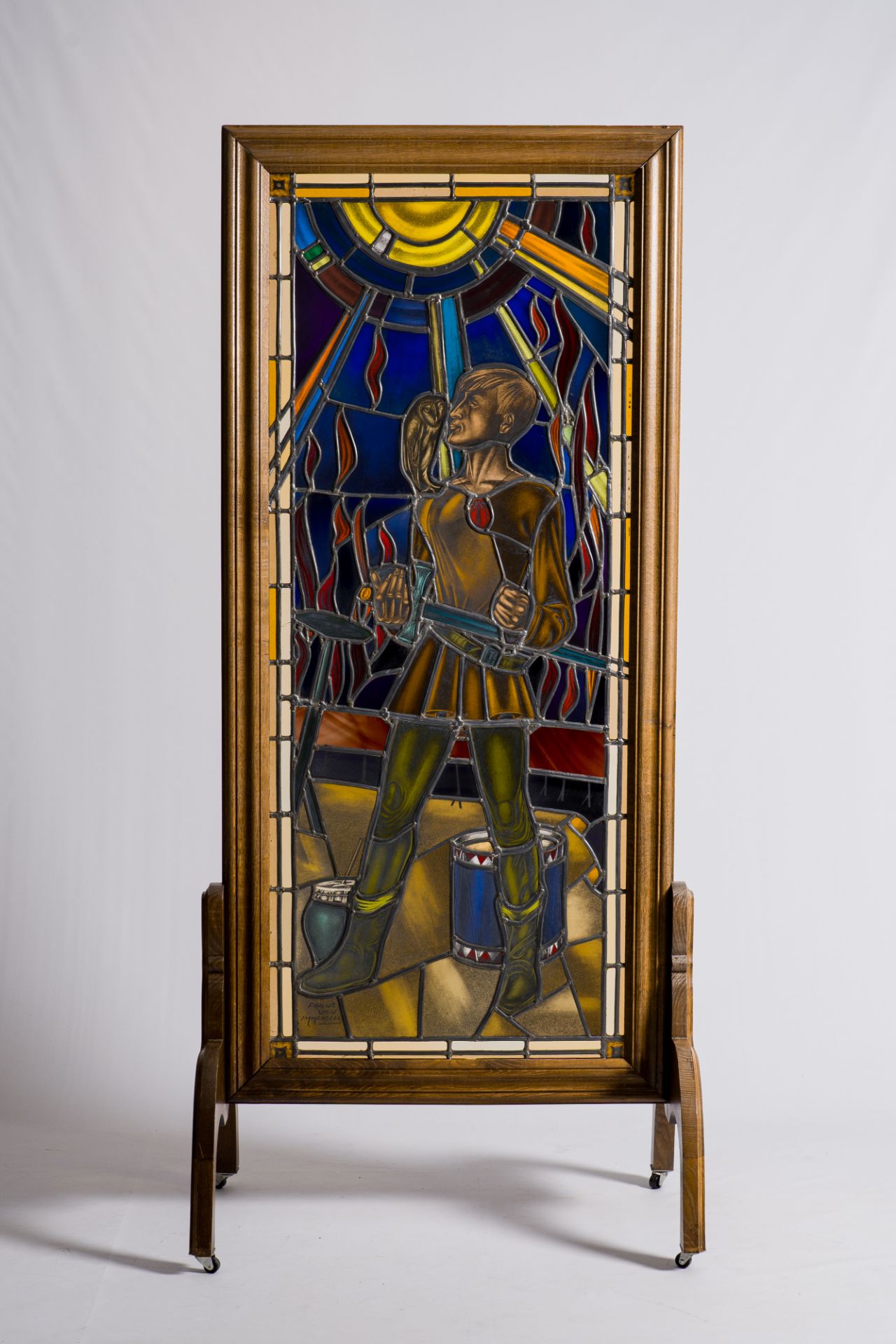 Frans Van Immerseel (1909-1978): A painted and stained glass 'Till Eulenspiegel' window in a wood fr - Image 3 of 8