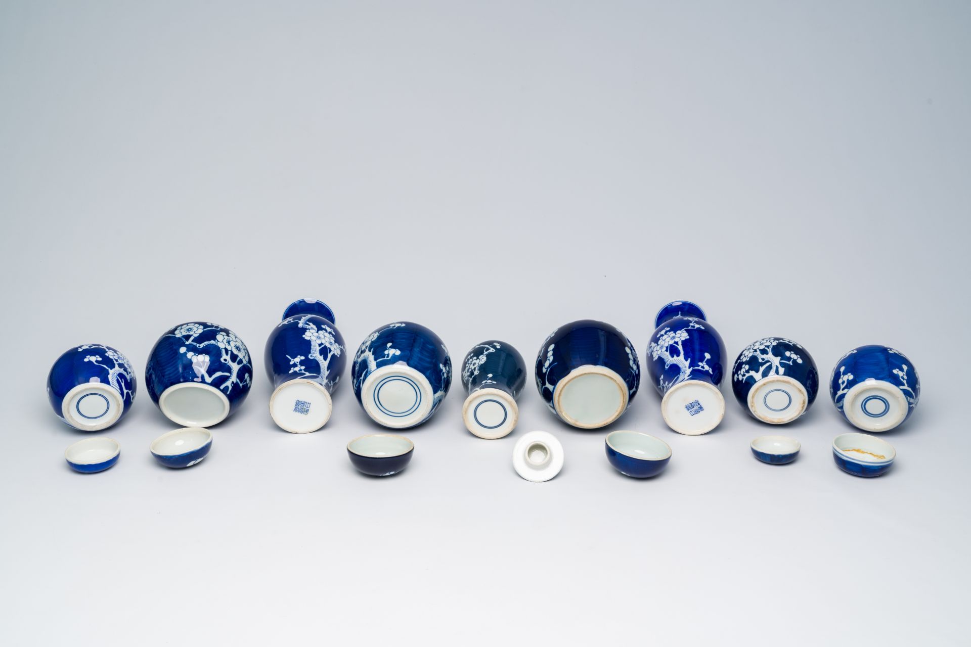 A varied collection of Chinese blue and white prunus on cracked ice ground porcelain, 19th/20th C. - Image 9 of 15