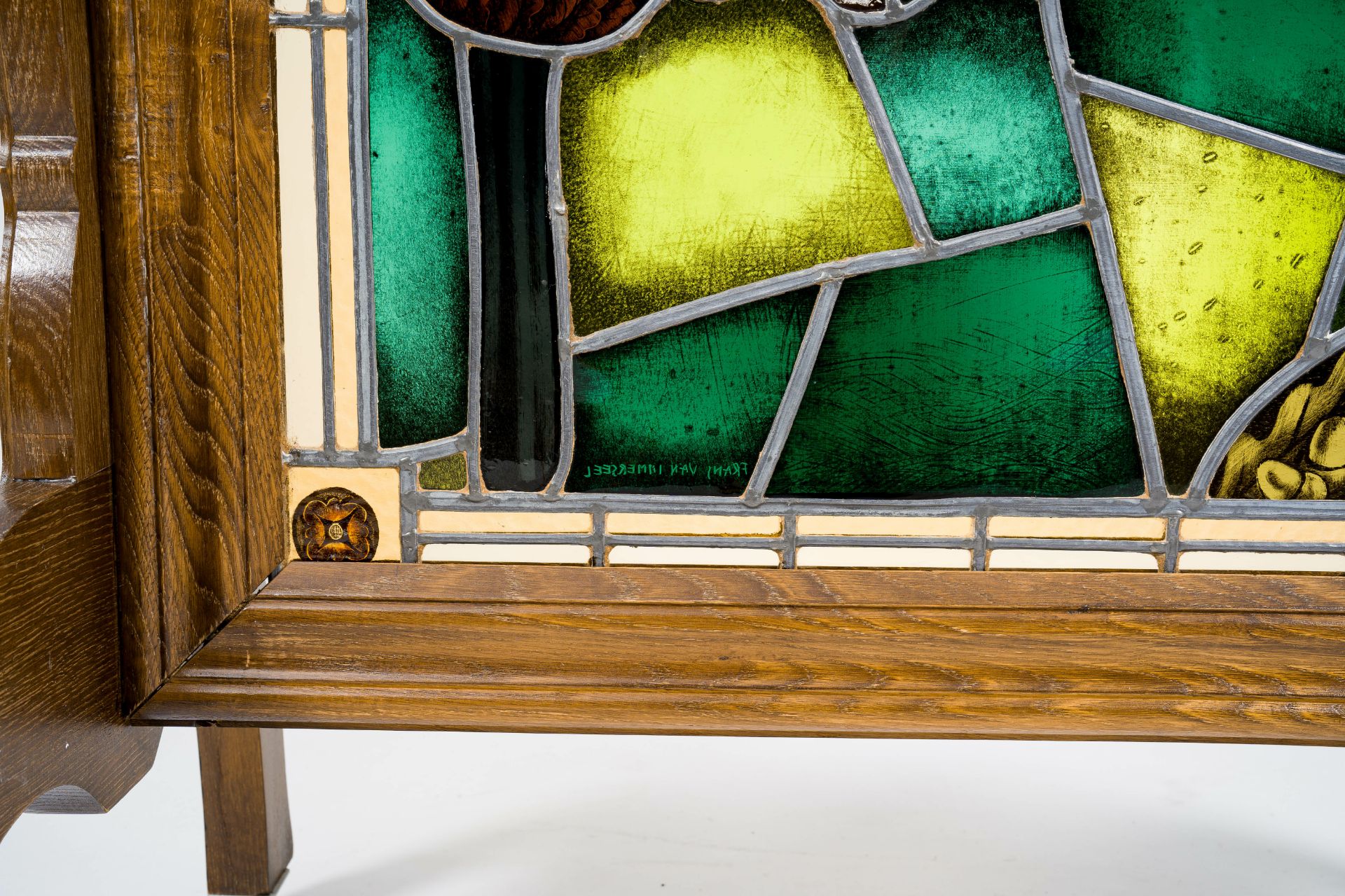 Frans Van Immerseel (1909-1978): A painted and stained glass 'Saint Hubertus' window in a wood frame - Image 6 of 11