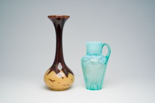 A French Schneider multi-coloured glass vase and a green glass Art Nouveau 'irises' lemonade jug, po