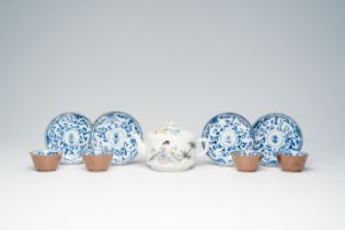 Four Chinese blue and white Batavian ware cups and saucers with floral design and a famille rose tea