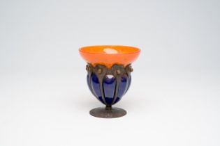 A French Schneider Art Deco multi-coloured bubbled glass and forged iron vase, first half 20th C.