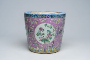 A Chinese famille rose jardiniere with butterflies, bats and floral design, 19th C.