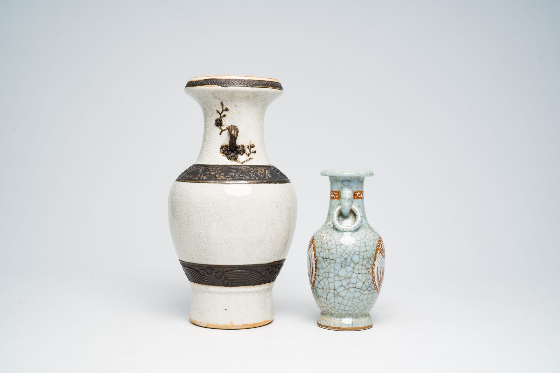 A Chinese Nanking crackle glazed vase with relief design and a polychrome celadon crackle glazed 'ph - Image 2 of 6