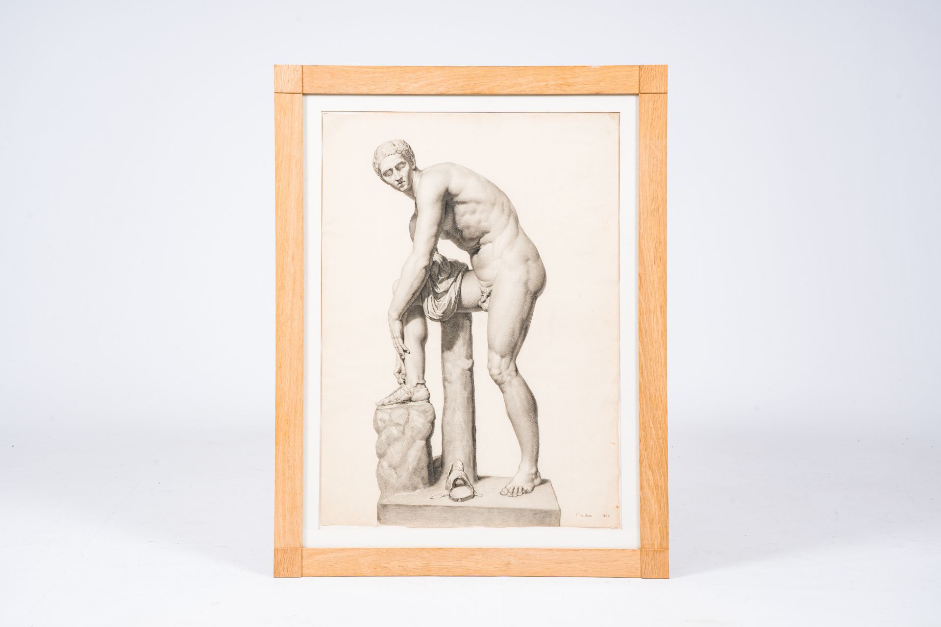 Constant Lorichon(1800-1856): Hermes fastening his sandal, pencil and charcoal on paper, dated 1816 - Image 2 of 5