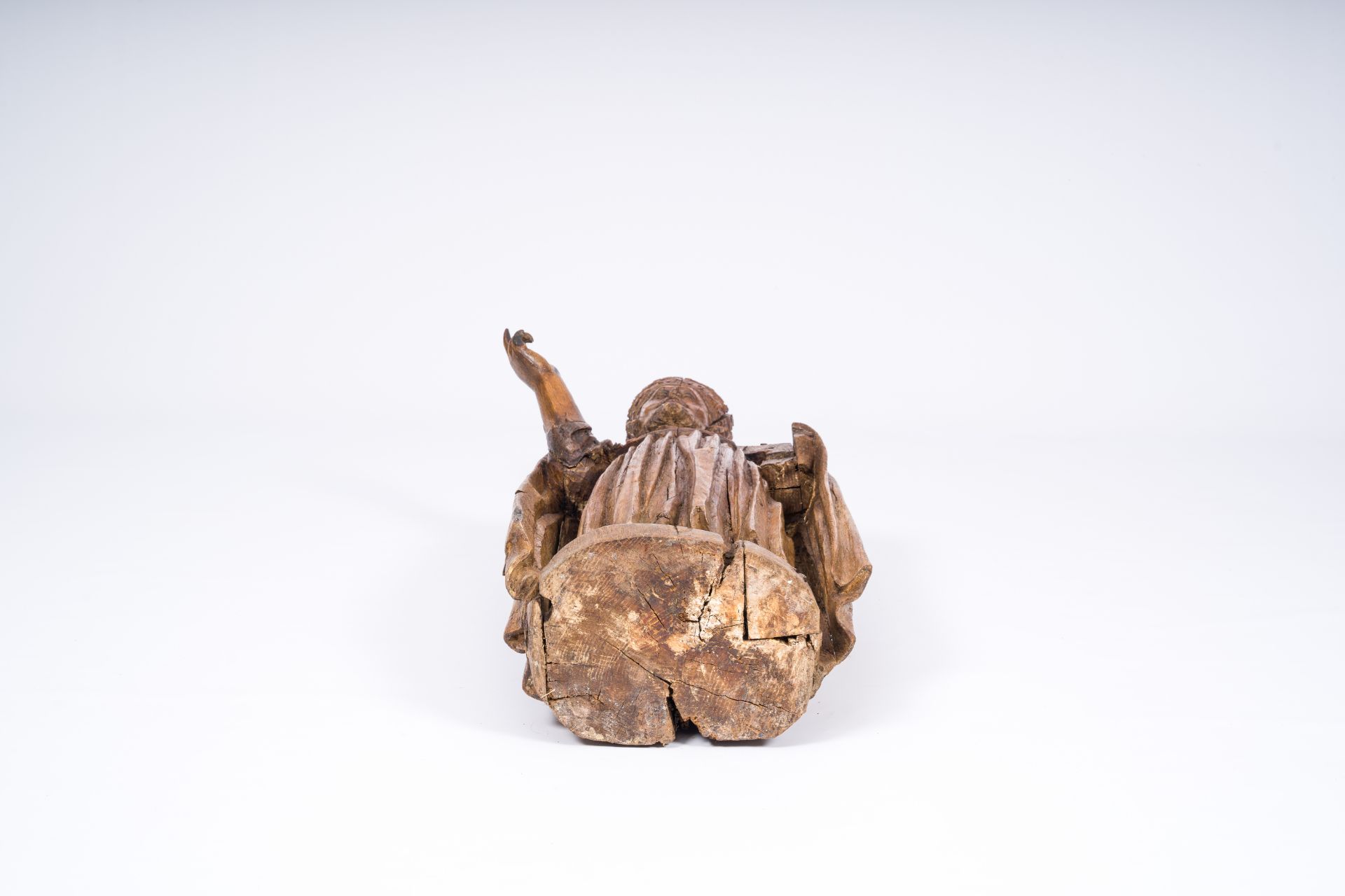 A carved wood blessing figure with papal tiara, 17th/18th C. - Image 7 of 7