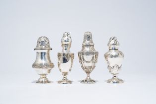 Four various French silver casters with floral design, possibly 18th C. and later