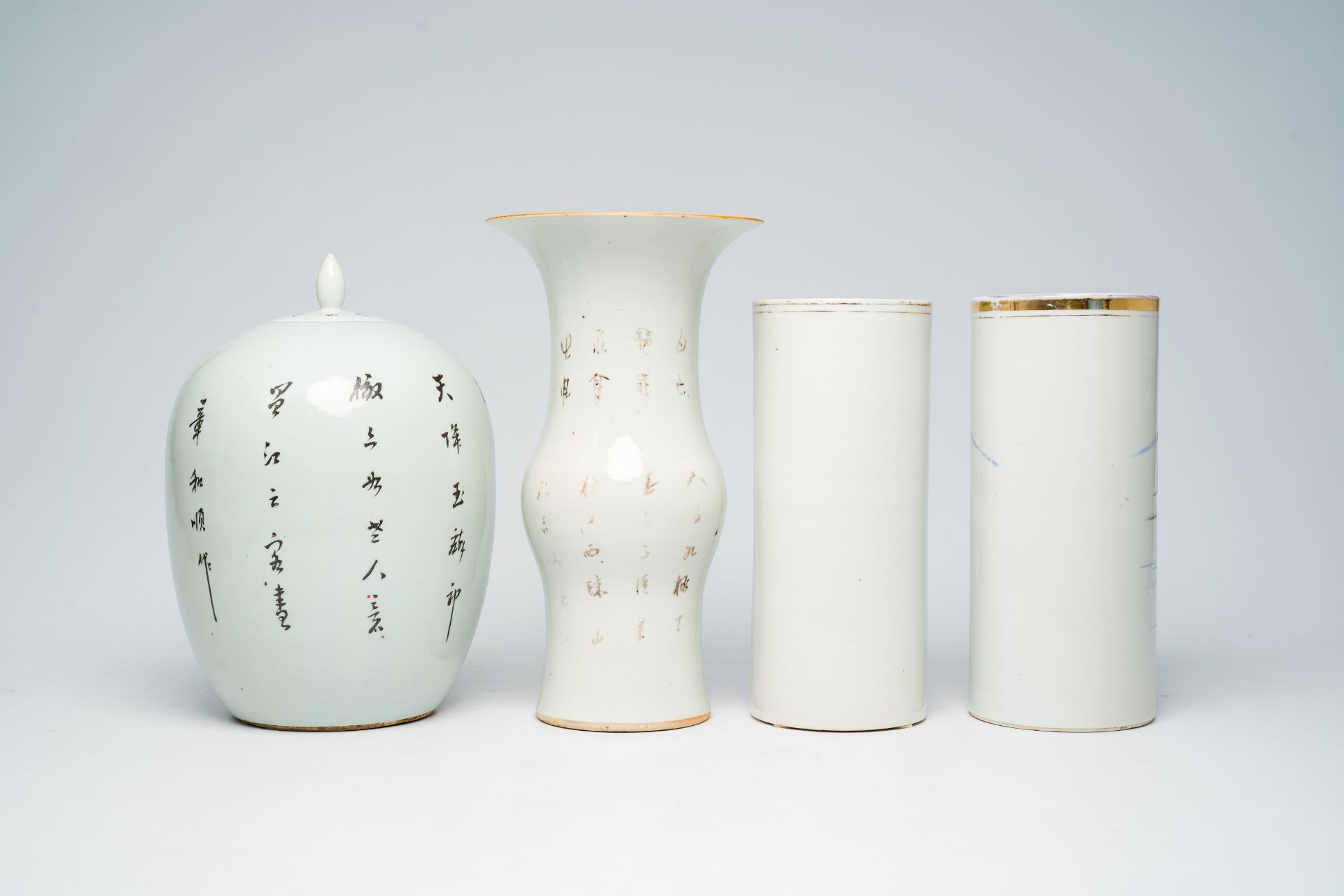 Two Chinese qianjiang cai hat stands with an animated river landscape, a yenyen vase and a famille r - Image 4 of 7