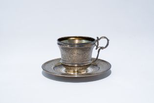 A French finely floral decorated silver cup and saucer, maker's mark L and G, 950/000, ca. 1900