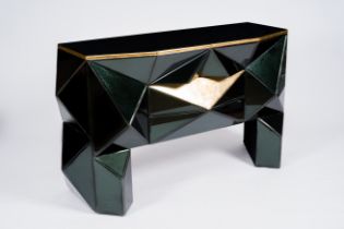 Olivier De Schrijver (1958): A 24 carat gold leaf and velvet finished 'Diamant noir et or' console w
