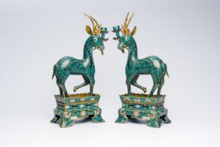 A pair of Chinese cloisonne deer-shaped candlesticks, 19th/20th C.