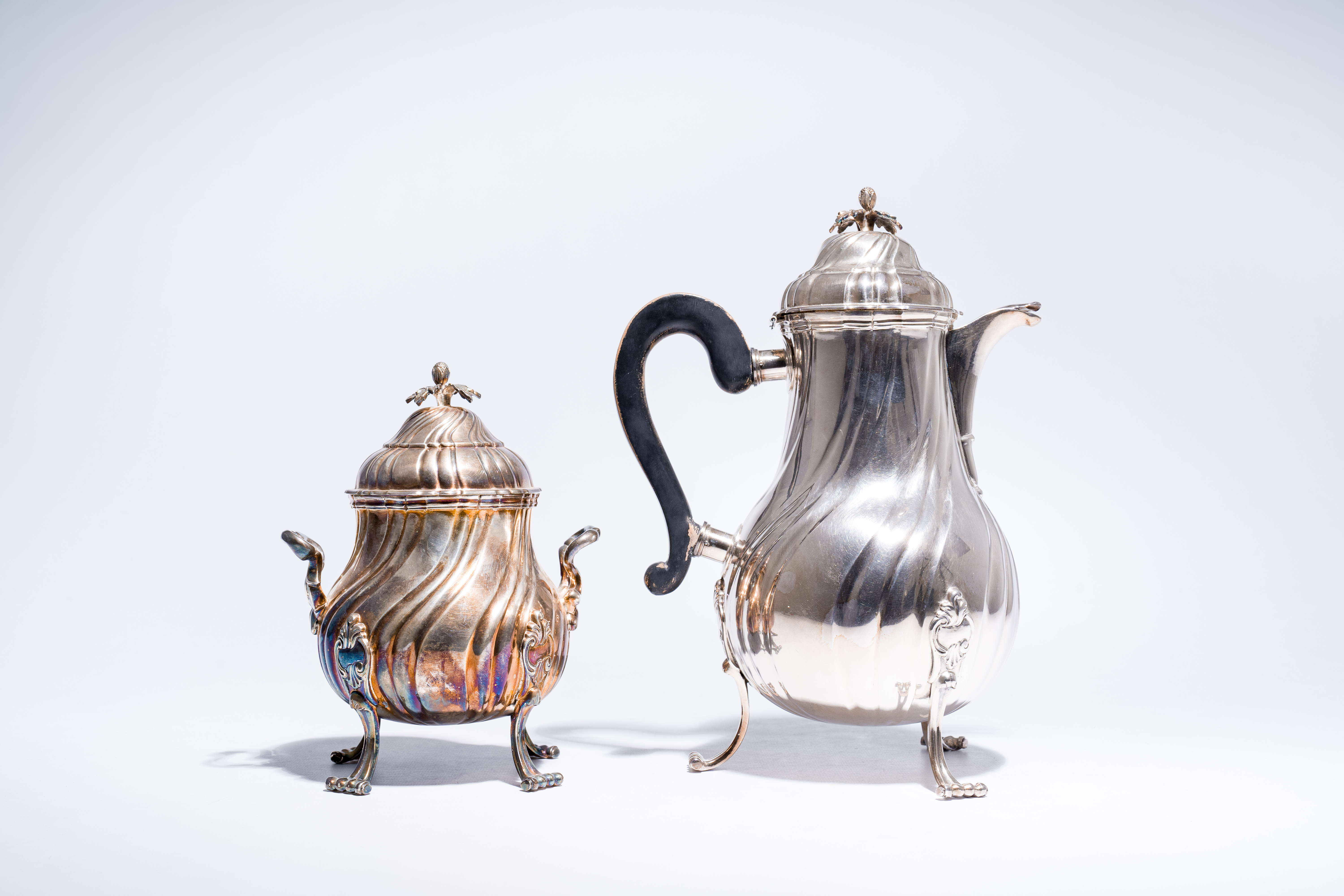 A silver Louis XV style coffee pot, Lille, maker's mark R.I.D., dated [17]84 and a sugar jar, maker' - Image 3 of 11