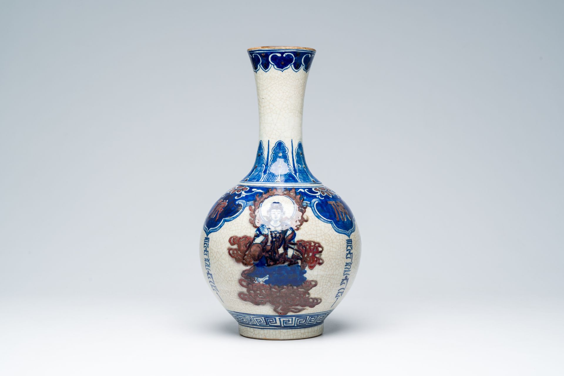 A Chinese bottle shaped crackle glazed blue, white and copper-red 'deities' vase, Yongzheng mark, 19 - Image 3 of 6