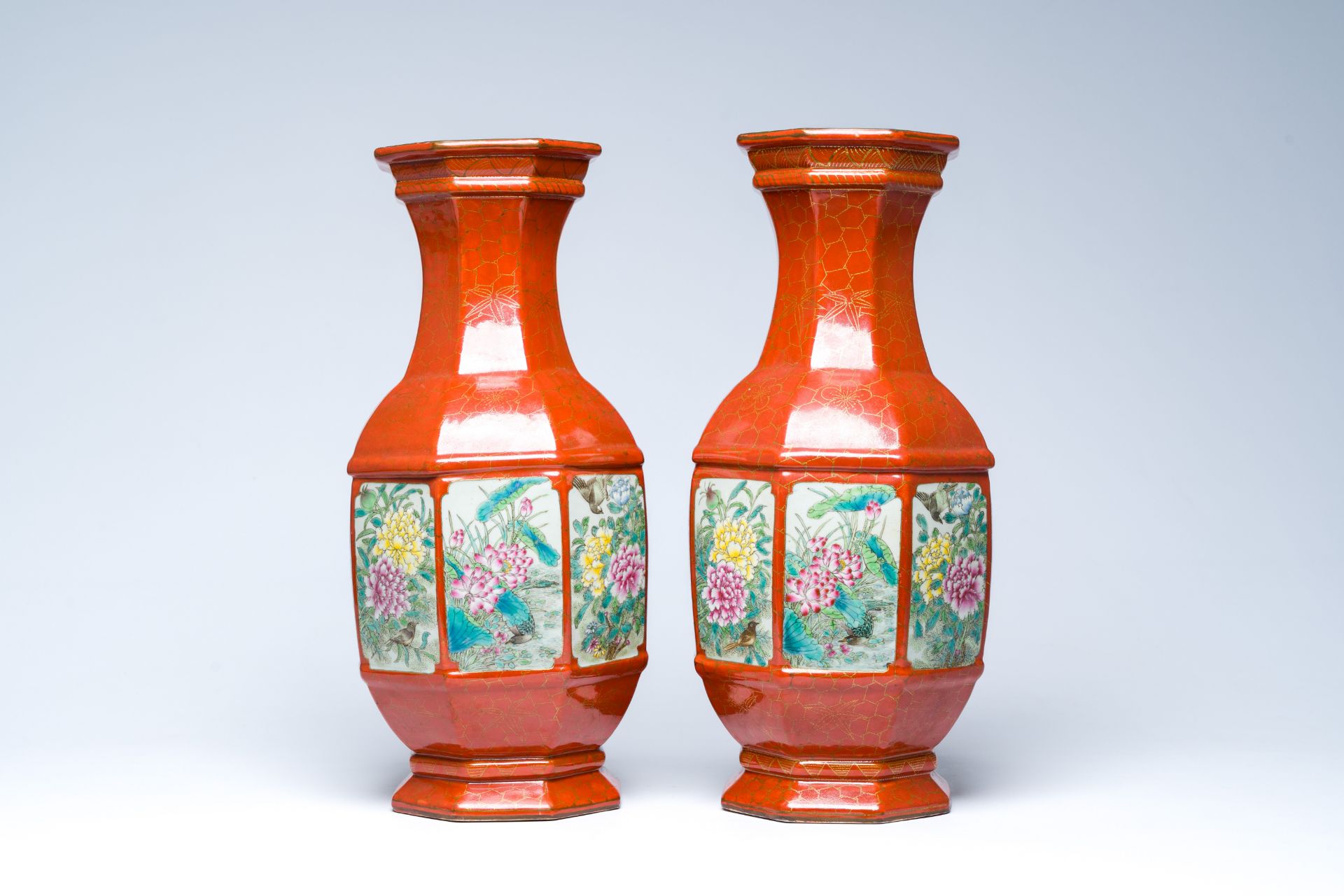 A pair of Chinese famille rose coral-red ground vases with birds among blossoming branches, Qianlong - Image 2 of 6