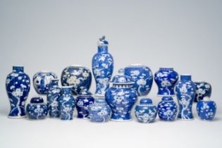 A varied collection of Chinese blue and white prunus on cracked ice ground porcelain, 19th/20th C.