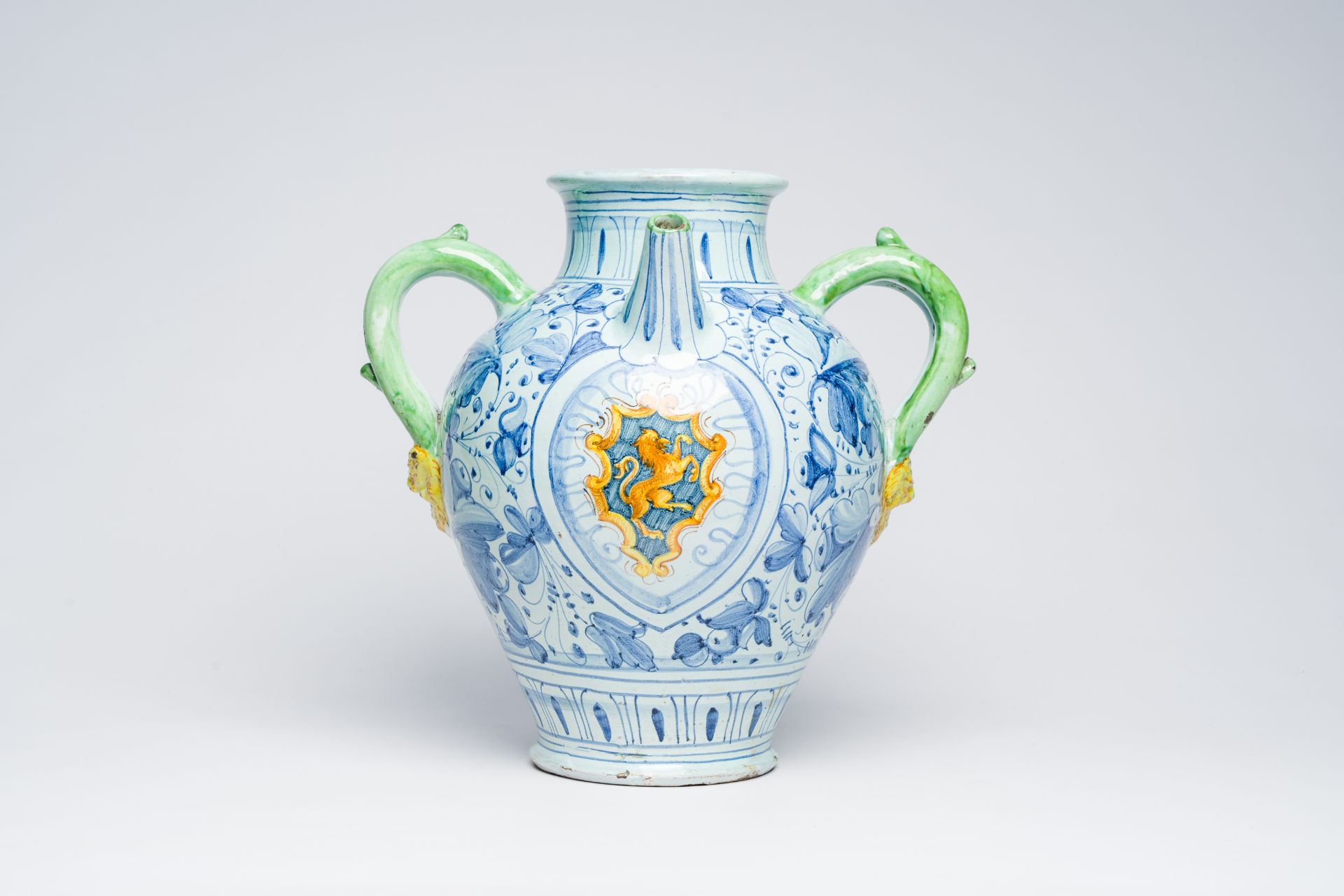 A large Italian polychrome maiolica pharmacy jar with a coat of arms and floral design, possibly 17t - Image 2 of 7