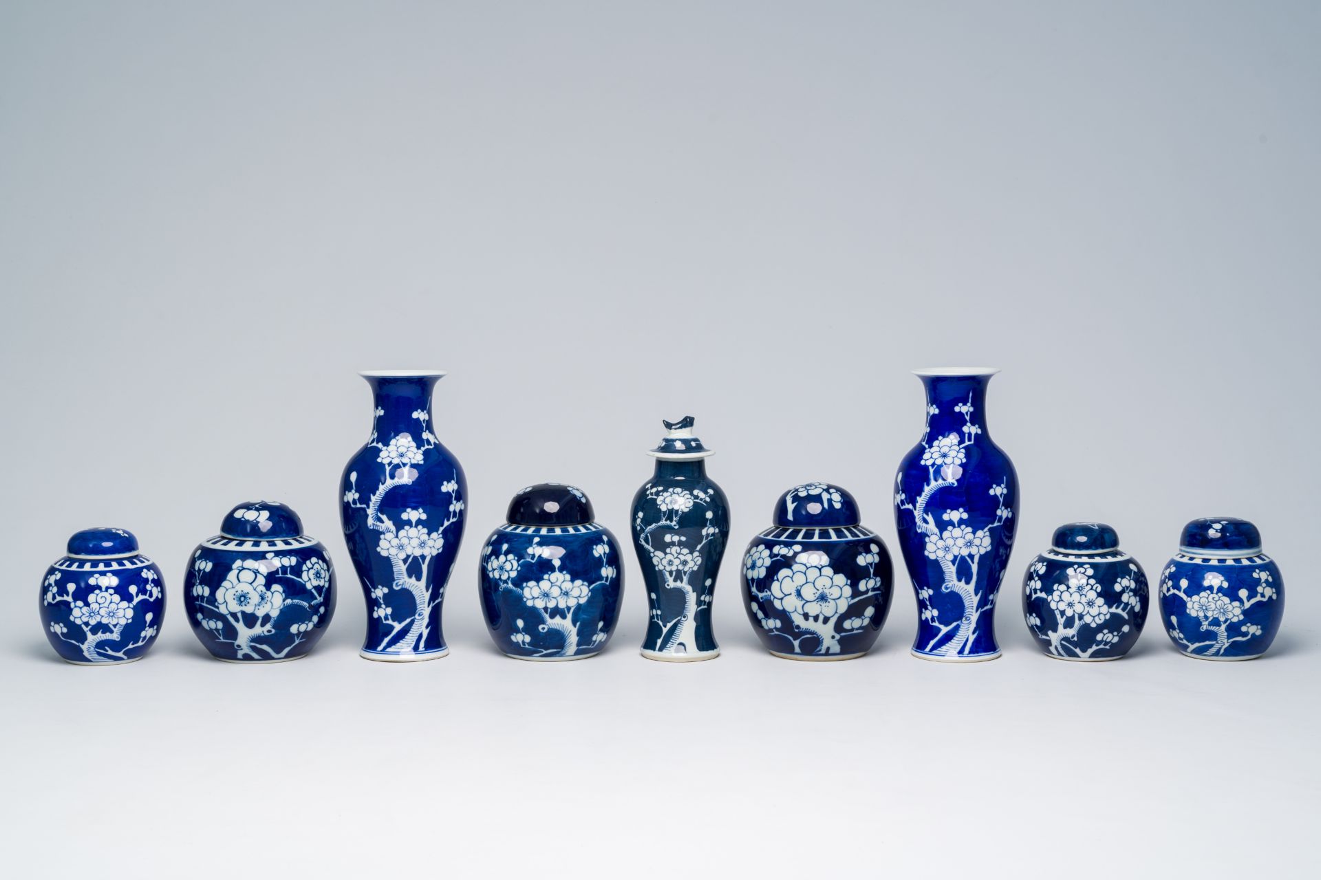 A varied collection of Chinese blue and white prunus on cracked ice ground porcelain, 19th/20th C. - Bild 2 aus 15
